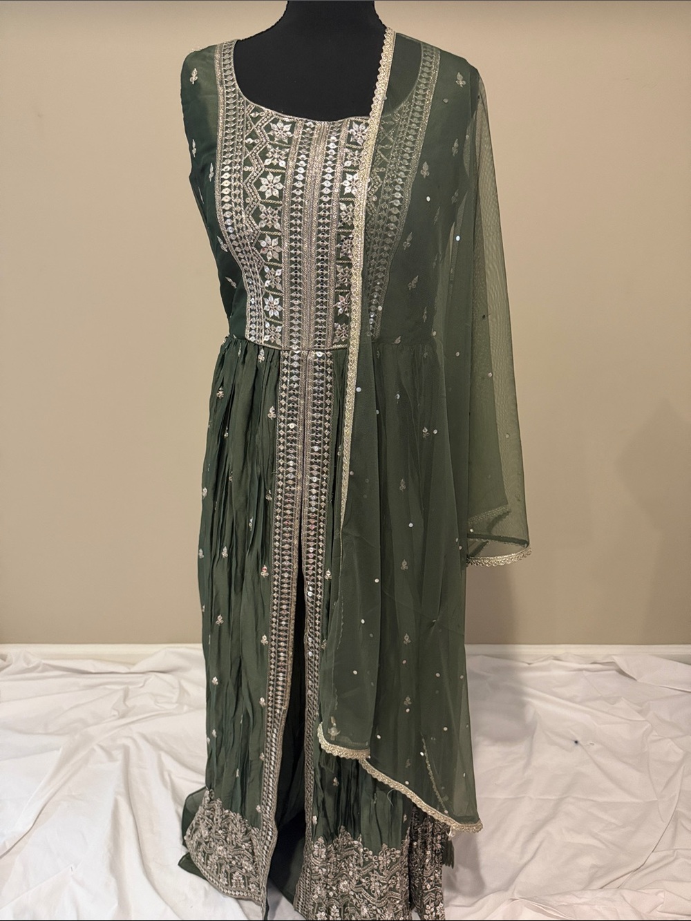 Embroidered Olive Green Women's Dress with Dupatta